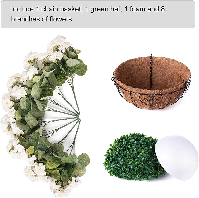INSPRING Geraniums Artificial Flowers Hanging Basket for Outdoors Outside Spring Decoration, 8 Bundles Silk Flowers Fake Plants Look Real UV Resistant for Porch Home Patio Balcony Yard, White