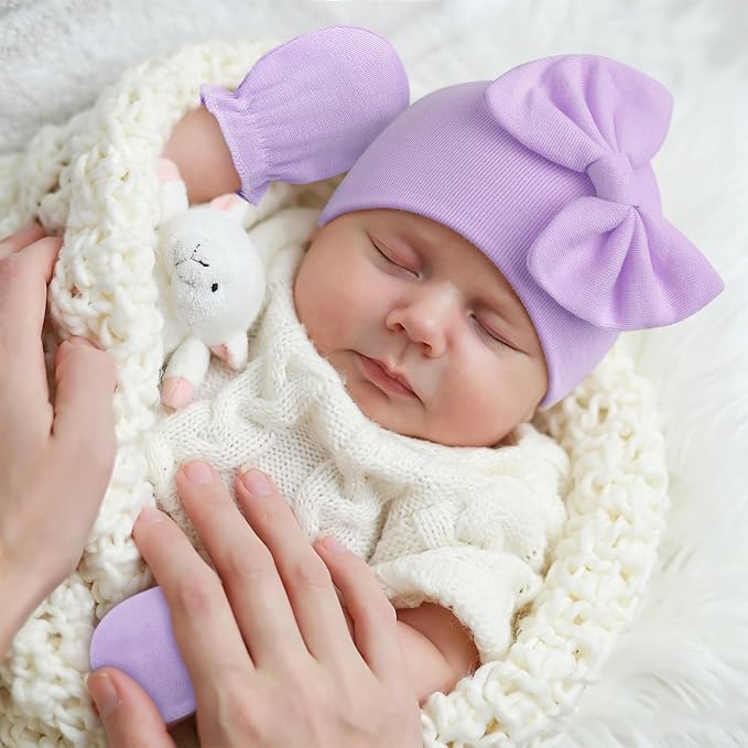 BQUBO Newborn Baby Girls Hats Mittens Set Hospital Hat Beanie Infant Bow Hats Baby Cotton Gloves for 0-6 Months