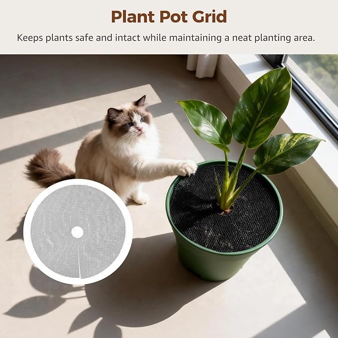 10 Pcs 15.75" Plant Pot Grids, Flower Pot Soil Protector Covers, Black Plant Mesh Nets for Pet Protection, Cuttable Digging Stoppers with Metal Securing Stakes