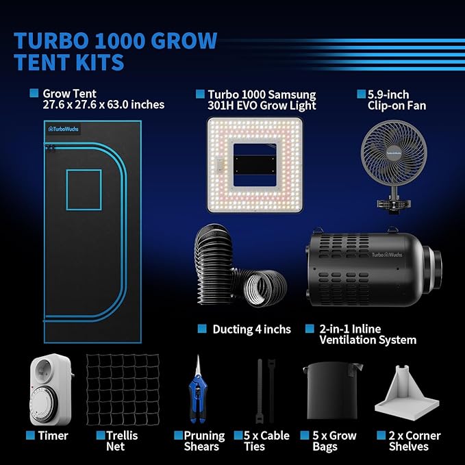 Grow Tent Kit Complete System 2.3x2.3 ft, 100W LED Grow Light with LM301H EVO & Sunrise Timer, 1680D High-Reflective Mylar Tent, 4 Inch Smart 2-in-1 Ventilation System with Carbon Filter & Clip Fan