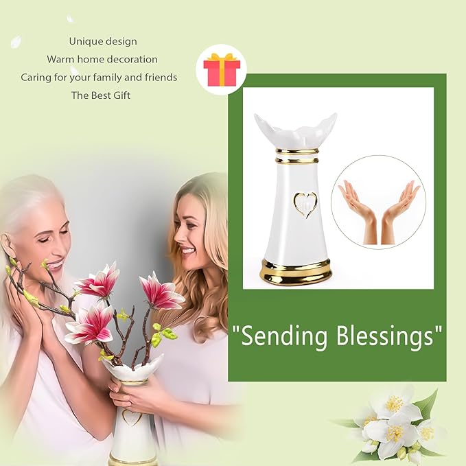 LoveLin Artificial Flowers Pink with Ceramic Vase - Ready-to-Display Home Decor Indoor for Living Room, Dining Table, Office, Wedding & Housewarming, Magnolia Flower & White Vase