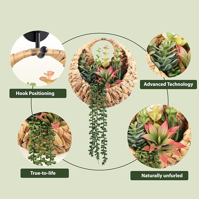 Fake Plants Hanging Artificial Succulents Plants in Woven Basket, Faux String of Pearls Greenery Plants for Living Room Bathroom Boho Wall Decor