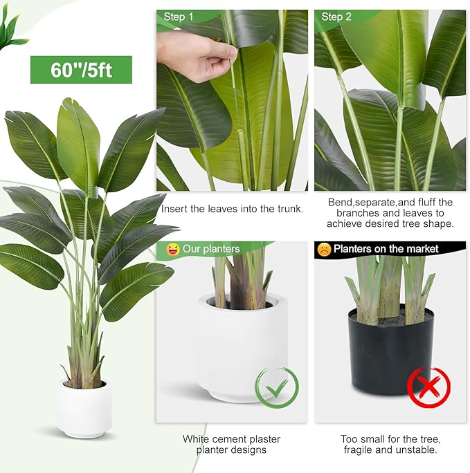 Artificial Bird of Paradise Plant 5Ft Tall Fake Tropical Palm Tree Large Fake Plants with 10 Silk Banana Leaves Faux Plant Indoor Decor Trees with White Pot for Home Bedroom Living Room Office