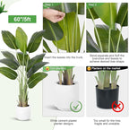 Artificial Bird of Paradise Plant 5Ft Tall Fake Tropical Palm Tree Large Fake Plants with 10 Silk Banana Leaves Faux Plant Indoor Decor Trees with White Pot for Home Bedroom Living Room Office（2pcs）