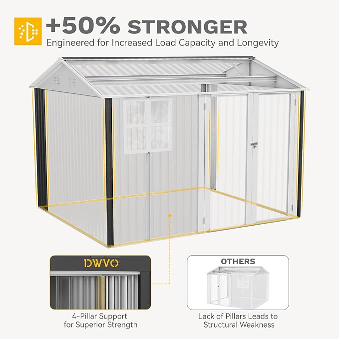 DWVO 10x10ft Metal Outdoor Storage Shed with Window, Lockable Tool Storage Sheds, Oversized Steel Garden Sheds with Sloped Roof for Backyard, Patio, Garage, Lawn, Gray & White