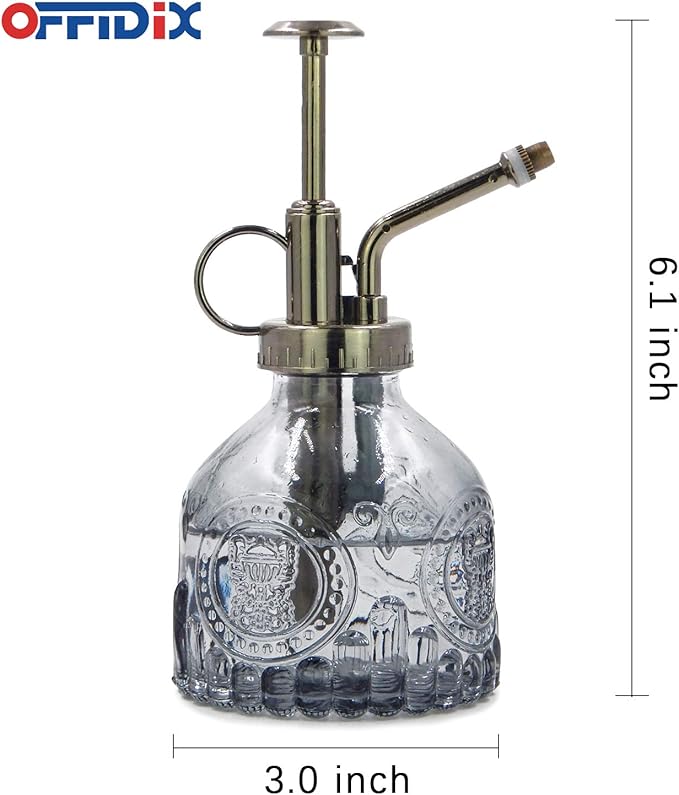 OFFIDIX Plant Mister, 6.3 Inches Tall Vintage Style Spritzer Plastic Top Pump Small Watering Can Glass Spary Bottle Plant Mister,for House Plants, Garden, Home Decora (Gray)