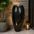 Floor Standing Resin Water Fountain Indoor Large Black Vase Water Feature with LED Light for Home Decor (Black)