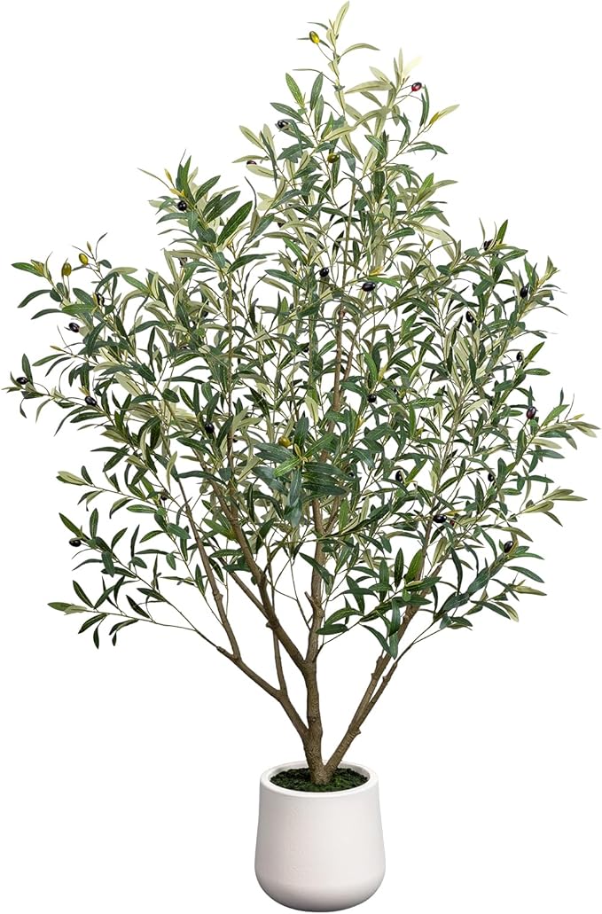 Artificial Olive Tree 5FT - Tall Faux Olive Trees Indoor with White Planter, Large Fake Olive Plants Realistic Branches Natural Thick Trunk and Fruits for Home House Office Decor