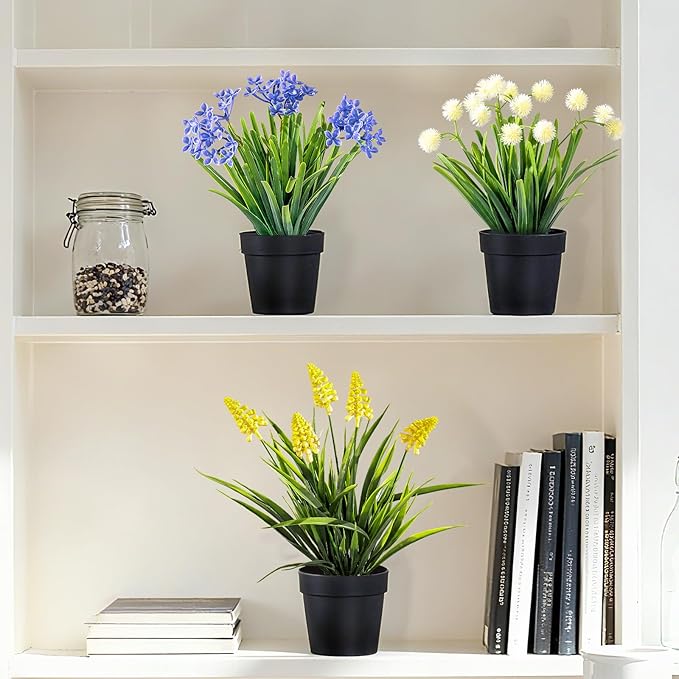 3 Pack Fake Small Plant Artificial Potted Flowers for Home Decor Fake Flower Plant Greenery Mini Faux Plant for Indoor Bedroom Living Room Office Shelf Bathroom Farmhouse Decor (Type 7)