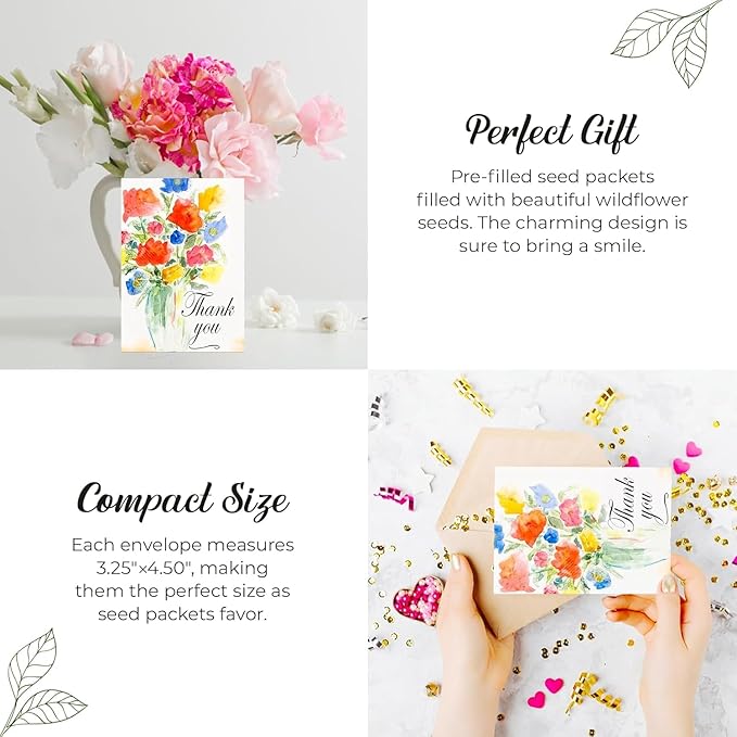 Pack of 25 Pre-Filled Thank You Plant Seed Packets Beautiful Flower Vase Party for Guests, Bridal Shower Favors, Parties, Wedding Favors, Wildflower Seeds Mix Plant for Year -Round