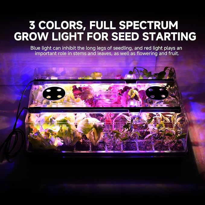 Adawook Large Seed Starter Tray with Grow Light and Thermostat Controller Heat Mat, 10"x 20.75" Heat Mats for Plant Growing，68-113°F Adjustable，Color Change Grow Lights，Germination Trays Kits