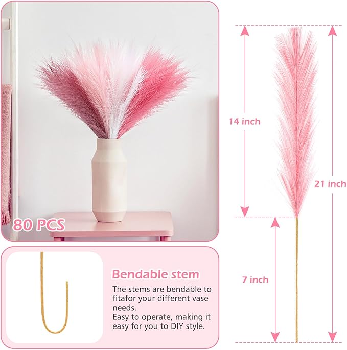 SeptCat 80 Pcs Pampas Grass Decor 21.7" Fluffy Pink White Violet Faux Short Pampas Grass Artificial Small Pompas Grass Flower Vase Filler for Home Wedding Decoration