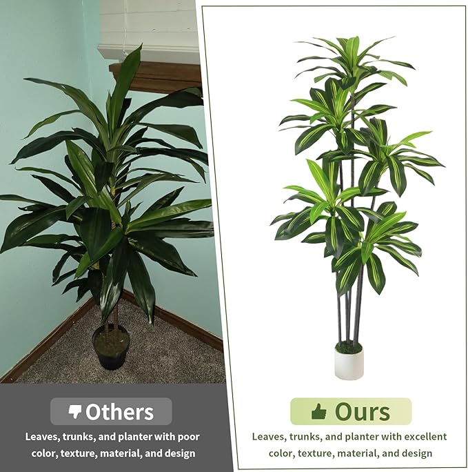 Artificial Dracaena Tree 6FT with White Planter - Faux Yucca Tree with Lifelike Trunk and Leaves in Pot for Home Office Living Room Decor