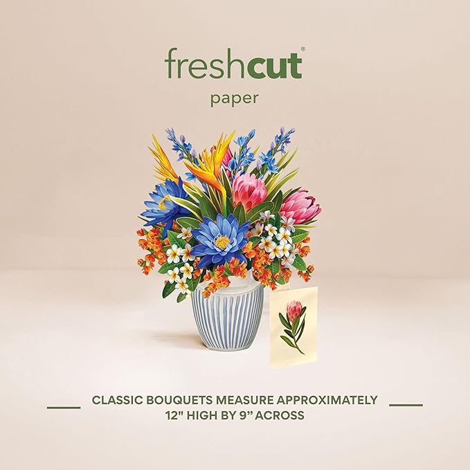 Freshcut Paper Tropical Paradise Pop Up Cards, 12 Inch Life Sized Forever Flower Bouquet 3D Popup Greeting Card, Birthday Cards, Anniversary Card, Blank Notecard & Envelope
