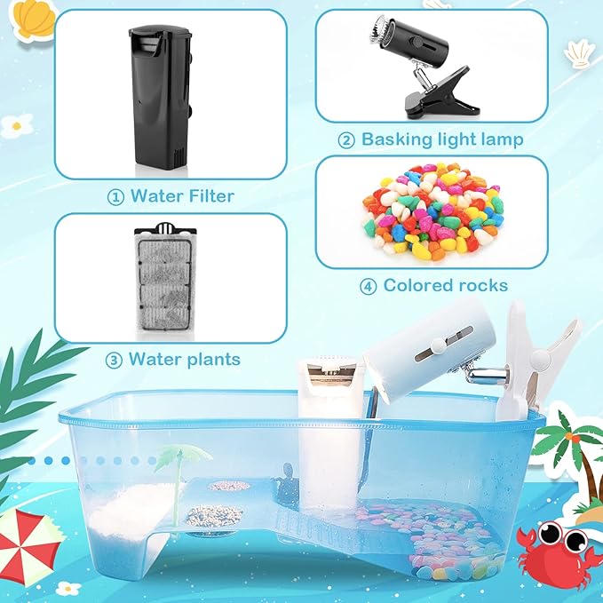 Turtle Tank with Multi-Function Areas, Easy Assembly, Ideal for Small Turtles & Reptiles, Includes Plastic Tree & Fishing Net