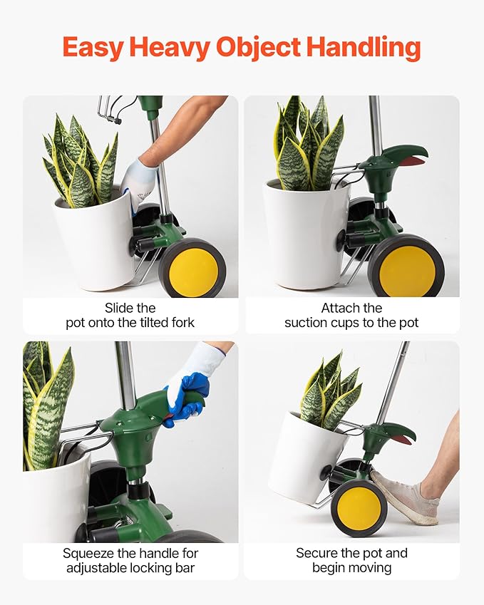VEVOR Garden Pot Mover, Heavy Duty Plant Dolly Cart with Adjustable Grabbing Arm, Max 143 LBS Weight Capacity, Potted Plant Mover Dolly with Suction Cup and Secure Lock, Fits for Indoor & Outdoor Use