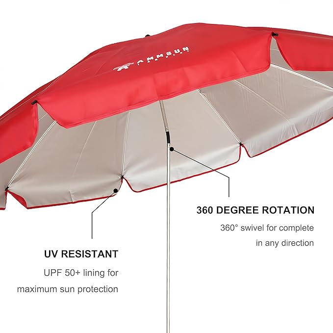 AMMSUN XL Chair Umbrella with Universal Clamp Adjustable 47 inches and 360-degree Swivel UPF 50+, Portable Clamp on Camping or Beach Chair, Stroller, Wheelchair, Golf cart, Red, Large-sized