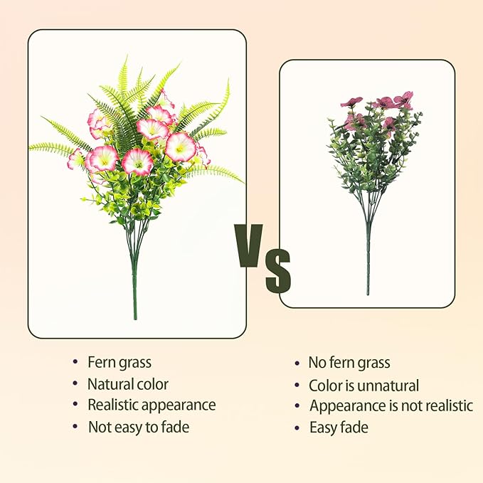 Artificial Flowers for Outdoors 12 Bundles Pink Artificial Petunias Fake Flowers UV Resistant Shrubs Plants with Fern for Indoor Outside Hanging Planters Home Garden Spring Decorations