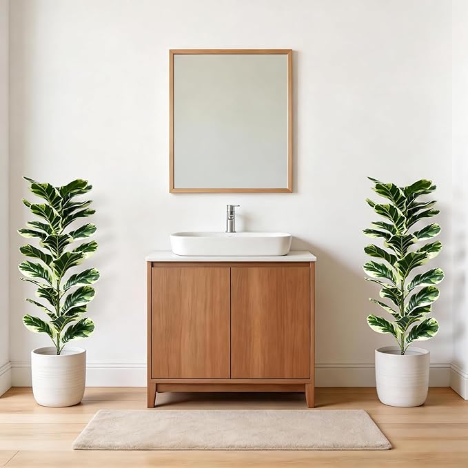 Set of 2 Fiddle Leaf Fig Tree 40'' Fake Tree Plants Artificial Decor with Green Artificial Turf Artificial Indoor Plants Small Fake Plants for Office Bathroom Bedroom Living Room(Variegated)