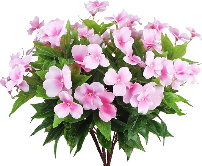 CITYES 4 Pcs Artificial Flowers Outdoor Impatiens UV Resistant Silk Impatiens Flowers Pink Faux Flowers Impatiens Bushes Artificial Impatiens for Pot Patio Lawn Garden Hanging Basket Porch Decor