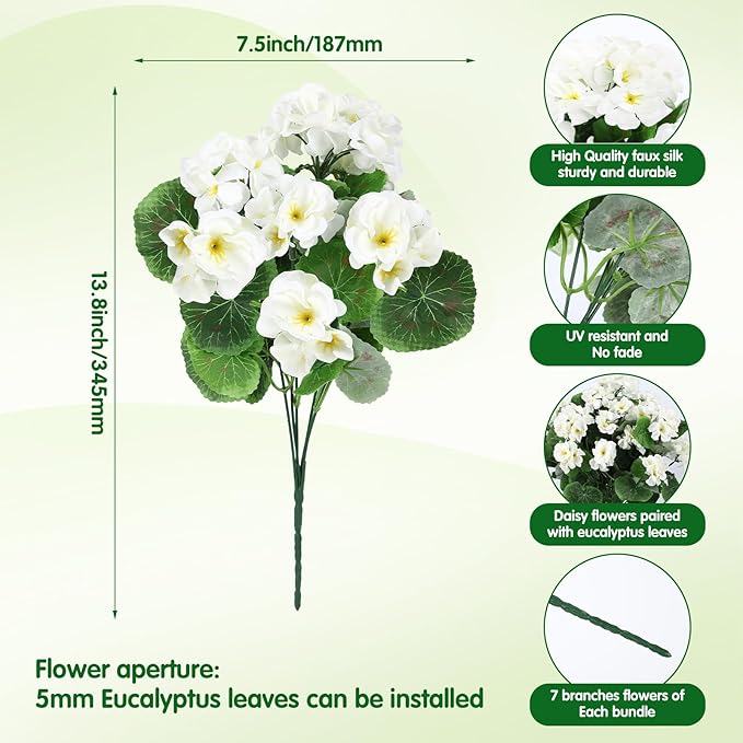 14Pcs Geranium Artificial Flowers for Outdoors Decoration Geranium Silk Flowers Outsides UV Resistant Garden Plants Faux Flower for Front Door Garden Porch Planter Patio Balcony Yard Indoor (White)