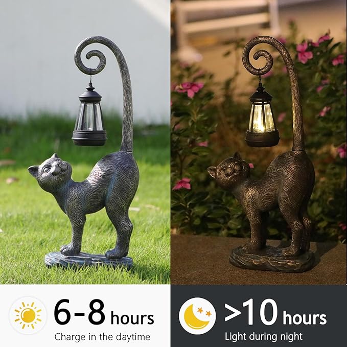 Outdoor Spring Decorations Gifts Cat Garden Statues with Solar Lights, Home Decor Cat Figurines for Lawn,Patio,Balcony,Porch,Yard Art Ornament- Birthday Gifts for Women Grandma Sister