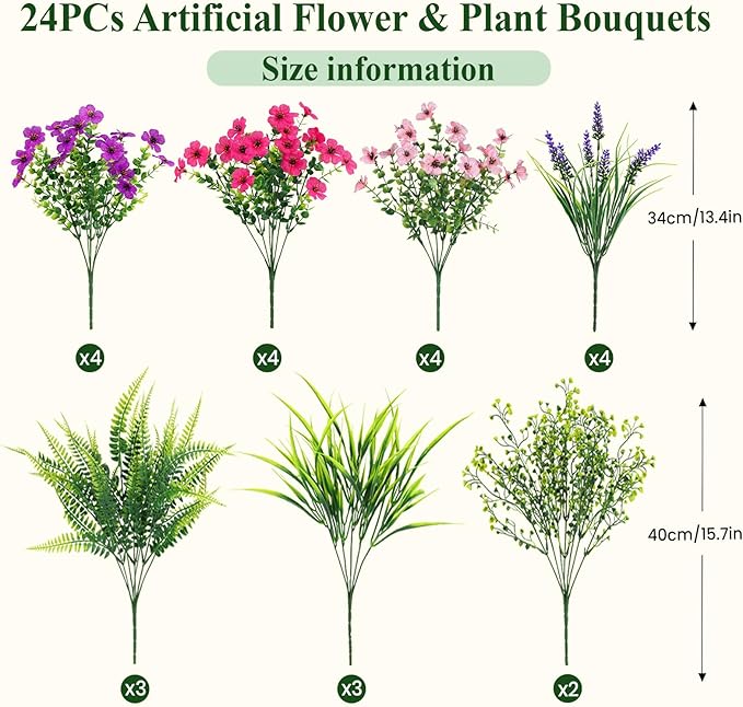 Alupssuc 24 Bundles Artificial Flowers for Outdoors Spring Decoration, UV Resistant Eucalyptus Violet and Lavender Silk Fake Plants for Outside Indoor Yard Home Patio Decor, Rose Purple Pink
