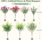 Alupssuc 24 Bundles Artificial Flowers for Outdoors Spring Decoration, UV Resistant Eucalyptus Violet and Lavender Silk Fake Plants for Outside Indoor Yard Home Patio Decor, Rose Purple Pink