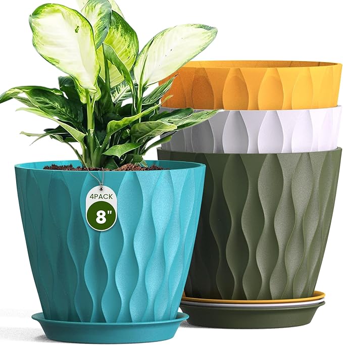8" Water Wave Plant Pots with Drainage Holes & Saucers, 4 Pack Modern Textured Medium Planters for Indoor Outdoor Plants, Decorative Flower Pots Repotting Set for Flowers, Herbs (Multicolor)