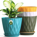 8" Water Wave Plant Pots with Drainage Holes & Saucers, 4 Pack Modern Textured Medium Planters for Indoor Outdoor Plants, Decorative Flower Pots Repotting Set for Flowers, Herbs (Multicolor)