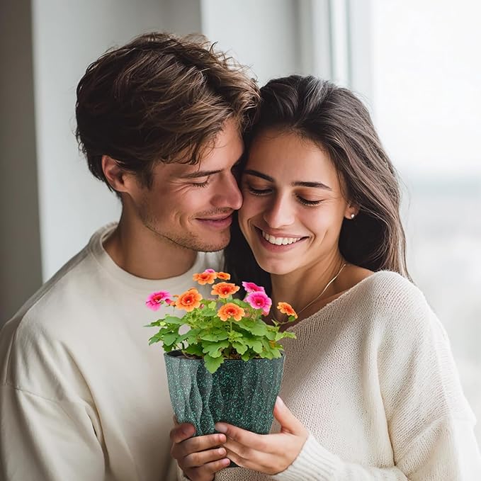 Meowell 7/6.5/6/5.5/5/4.5/4 inch Plant Pots for Indoor Outdoor Plants, 7 Pack Thick Flower Pots with Drainage Holes and Saucers, Wave Texture Plastic Planters Nursery Pots, Black with Green Speckles