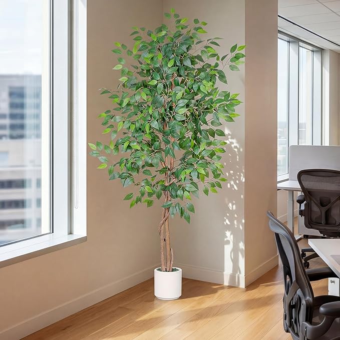 Artificial Ficus Tree 6FT Tall, Faux Ficus Tree Indoor Outdoor, Fake Silk Ficus Plant with Planter, Lifelike Leaves Large Potted Floor Tree for Home Office Living Room Porch Decor