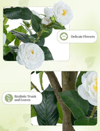 BLOSMON Artificial Trees for Home Decor: Indoor 4.9ft Tall Fake Plants Outdoor Camellia Flowers Tree for Front Porch - Faux White Rose Plant with Pot for Living Room Door Patio Deck Yard