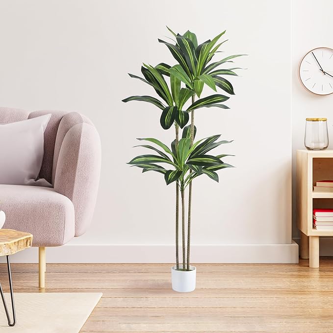 Artificial Dracaena Tree 5FT Fake Plant with White Small Planter Faux Silk Tall Floor Plant in Pot Artificial Tree for Home Office Living Room Decor Indoor
