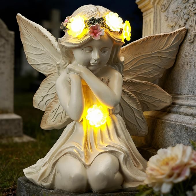 Solar Angel Garden Statue Outdoor Decor, Angel Figurines with Garland Flower Light, Cemetery Decoration for Grave, Yard, Patio, Balcony, House Warming Birthday Gifts for Women, Mom, Grandma