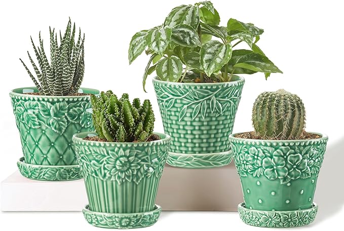 Metahom Succulent Ceramic Pots, 3.8 Inch Small Plant Pots with Drainage Hole & Saucer, Flower Planter Pot for Indoor Plants Cacti, Home Decor, Set of 4, Green
