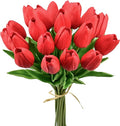 Mandy's Red Artificial Tulips Flowers Centerpiece, 13.5" Lifelike PU Fake Floral Stems 20pcs for Kitchen Island & Dining Table, Spring Decor for Easter