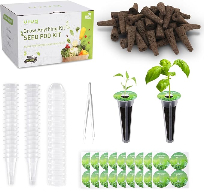 URUQ 140Pcs Hydroponic Pods Supplies: Compatible with AeroGarden Grow Anything Herb Kits - Includes Grow Sponges Grow Baskets Grow Domes Labels - Hydroponics Supplies for Most Brand