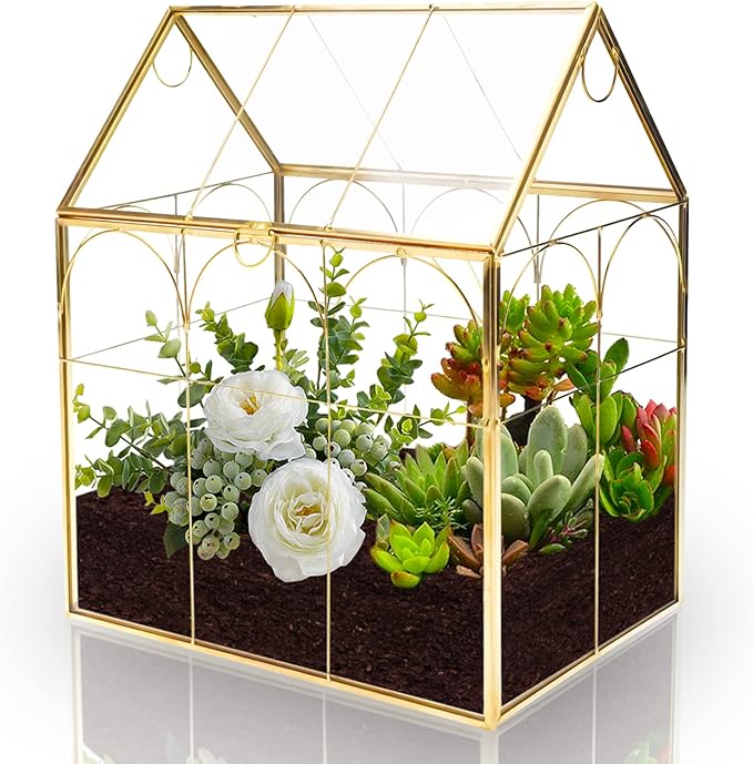 HighFree Geometric Plant Terrarium with Lid, House Succulent Terrarium Kit for Display, Air Plants, Succulents, Home Tabletop Miniature Terrarium, Not Airtight or Waterproof (Gold)