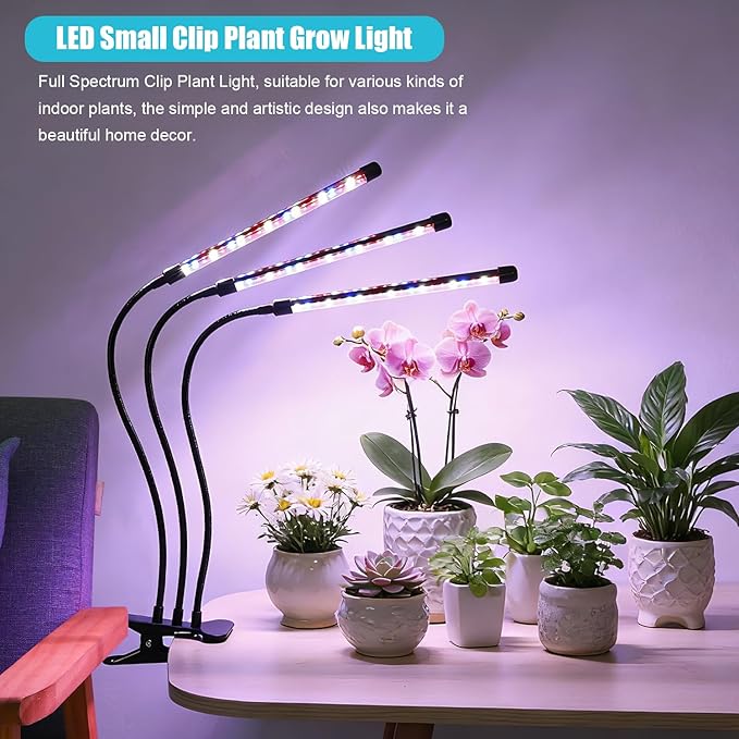 Indoor Plant Grow Light, Full Spectrum Clip Plant Lamp with Red, Blue, White Light, Plant Growing Light with Flexibel Gooseneck, 4/8/12/18H Timer, 10 Brightness Levels, 3 Lighting Modes, 3 Head