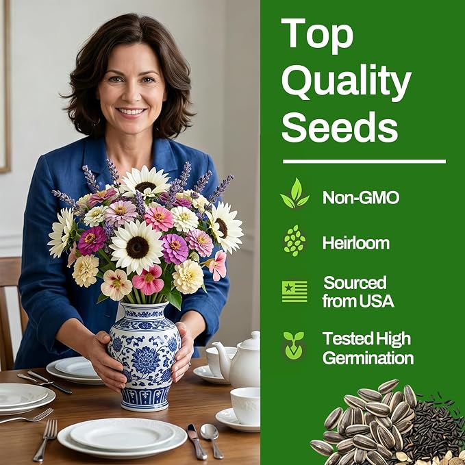 LUOJIBIE 5 Varieties Flower Seeds in Individual Packs, Includes Zinnia, Lavender, Sunflower, Marigold Nasturtium, 15,000+ High Germination Non-GMO Seeds for Planting Indoor Outdoor, Open Pollinated