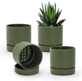 Phoenix Vine 4 Inch Planter Pot with Drainage Hole & Saucer, Deep Water Catch Tray, Straight Cylindrical Round Pot for Plants, Olive, Pack of 4, 23-F-R-4