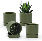 Phoenix Vine 4 Inch Planter Pot with Drainage Hole & Saucer, Deep Water Catch Tray, Straight Cylindrical Round Pot for Plants, Olive, Pack of 4, 23-F-R-4