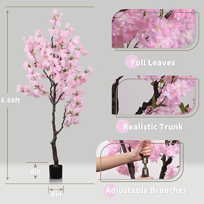 Artificial Pink Cherry Blossom Tree 7ft(84in) Tall Fake Silk Leaves Indoor Decor Handmade Lifelike Sakura Tree for Wedding Realistic Cherry Plant in Pot for Home Living Room,Office,Outdoor Decor