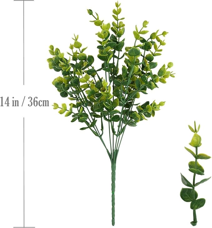 CATTREE Artificial Shrubs Bushes, Plastic Eucalyptus Leaves Fake Green Plants Wedding Indoor Outdoor Home Garden Verandah Kitchen Office Table Centerpieces Arrangements Christmas Decoration 6 pcs