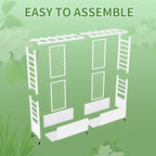 Raised Garden Bed with Trellis & Hanging Roof, Weatherproof Metal Planter Box with Wheels, Garden Arch Trellis for Outdoor Climbing Plants Vines Flowers, 74" H x 77" L x 17" W, White