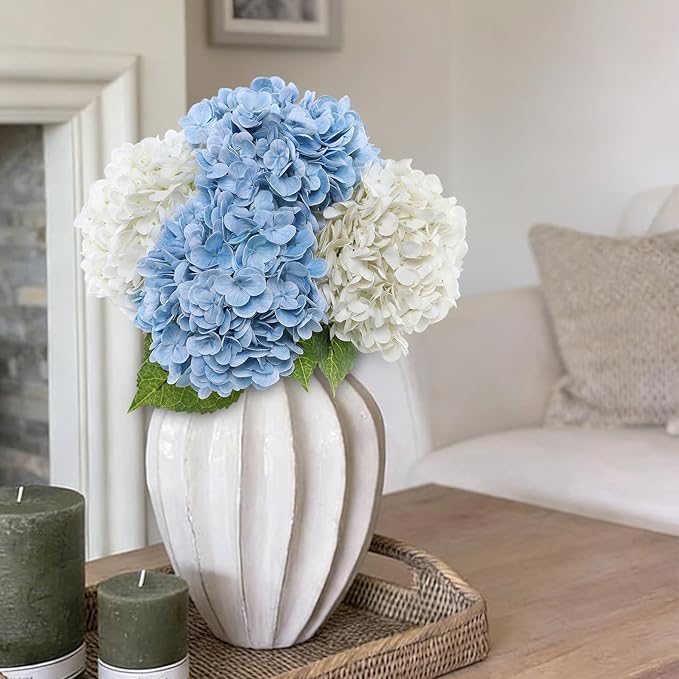 Coferset 4Pcs Hydrangea Artificial Flowers Lifelike Faux Hydrangea Real Touch Artificial Flowers for Outdoors Home Wedding Christmas Office Party Living Room Decoration,22inch(2 White+2 Baby Blue)