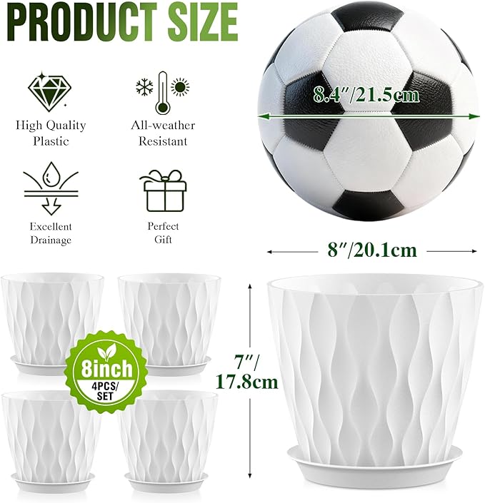 8" Water Wave Plant Pots with Drainage Holes & Saucers, 4 Pack Modern Textured Medium Planters for Indoor Outdoor Plants, Decorative Flower Pots Repotting Set for Flowers, Herbs (White)