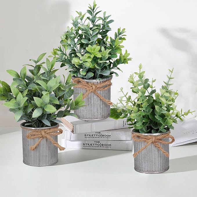Small Artificial Plants Set of 4 Fake Potted Plant with Iron Pot Mini Greenery Decor for Indoor Home Porch Garden Bathroom Décor