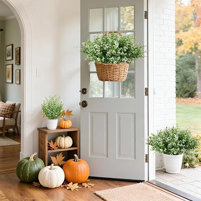 RECUTMS 12 Bundles Artificial Plants Faux Outdoor Plastic Plants UV Resistant Flowers No Fade Fake Greenery Stems for Porch Window Home Wedding Fireplace Spring Decoration (White)